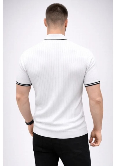 Efnaz Style Erkek Fitilli Triko Dokuma Kısa Kol Tişört Yarım Boğaz Modern Yazlık T-shirt - Beyaz