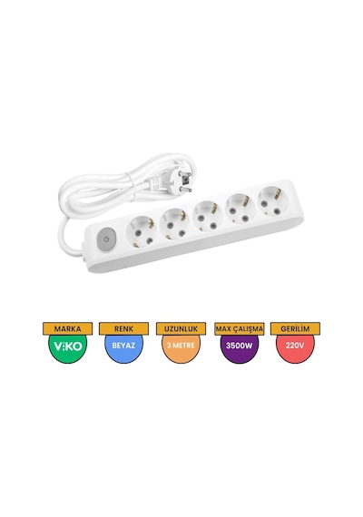 3 Metre Kablolu Anahtarlı 5'li Priz Beyaz Renkli 0.13 M