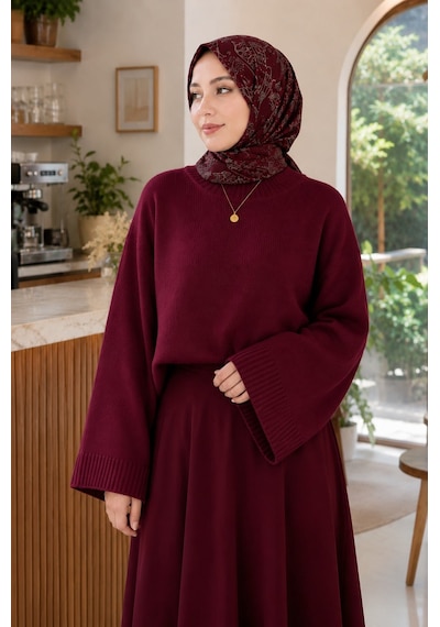 Unika Boutique Kadın Yarasa Kol Oversize Triko Kazak Bordo