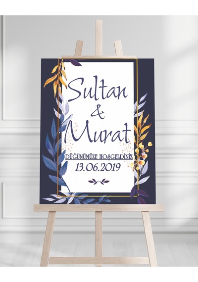 Söz Nişan Düğün İçin 50x70 Karşılama Panosu - Mavi Renk Çiçek Temalı 06 Beyaz