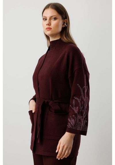 On Fashion Kadın Kolları Taşlı Kuşaklı Triko Bordo Hırka 60902 Bordo