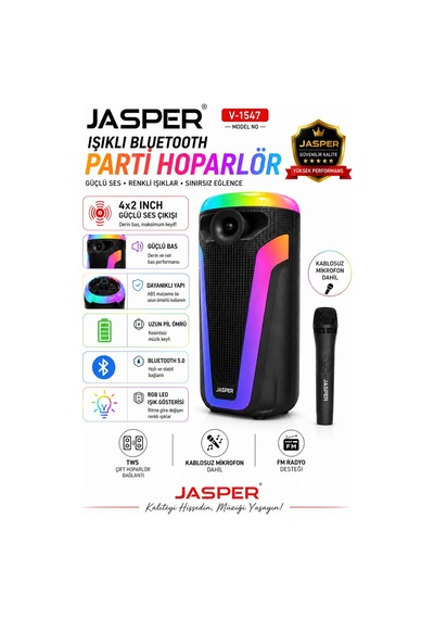 Jasper-1547 Işıklı Mikrofonlu Bluetooth Hoparlör Radyo-bt-usb-mic Uyumlu
