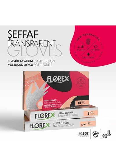 Florex Tek Kullanımlık Hibrit Eldiven - Silikon Ve Lateks İçermez, Yumuşak Doku Ve Elastik Tasarım, Gıda Uyumlu Çok Amaçlı Eldiven 1, Şeffaf, M