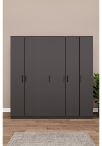 Asra Trend 6 Kapaklı Gardırop G-06 %100 MDF Çift Katlı Askılı Elbise Dolabı Koyu Gri