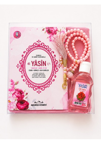 Bilenler Mevlit Hediye Seti İsim Baskılı- Eşarp İnci Tesbih Gül Suyu Özel Kutulu Set Pembe