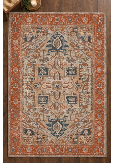 Artloop İstanbul Kiremit Etnik Vintage Desenli Dokuma Tabanlı Şönil Halı Al 647 Kiremit - Etnik