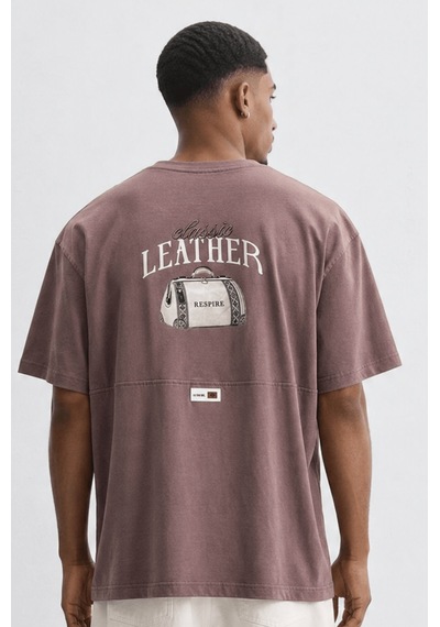 Respire Erkek Leather Baskılı Oversize T-shirt Kahve