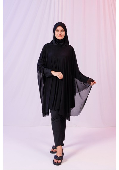Tarzını Seç Kısa Kimono Pareo - Tesettür Pareo - Esnek Likralı Tül Siyah 180x135 Cm Çok Renkli