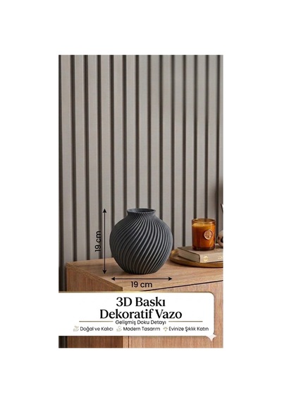 Modern 3d Baskı Dekoratif Vazo Minimal Tasarım Ev Dekoru Salon Masa Vazosu 19x19cm Gri