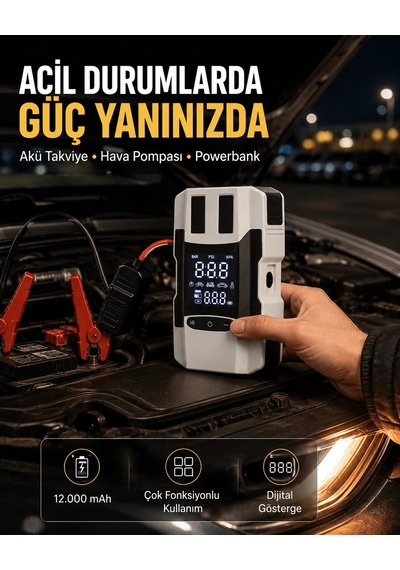 Dijital Ekranlı Araç Pompası Akü Takviye Powerbank 12.000 Mah Yeni Nesil 1