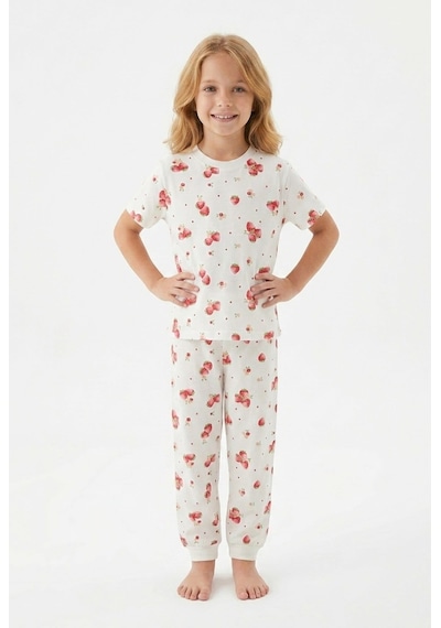 Bunny Hopp Kız Çocuk Pijama Takımı %100 Pamuk Çilek Desenli Yazlık Kısa Kollu Beyaz