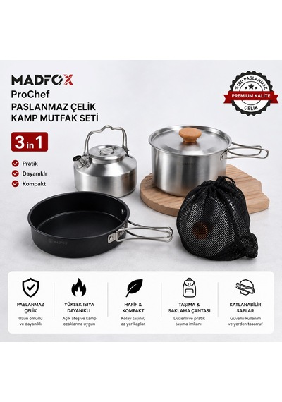 Madfox Prochef 3ın1 Paslanmaz Çelik Kamp Mutfak Seti Siyah