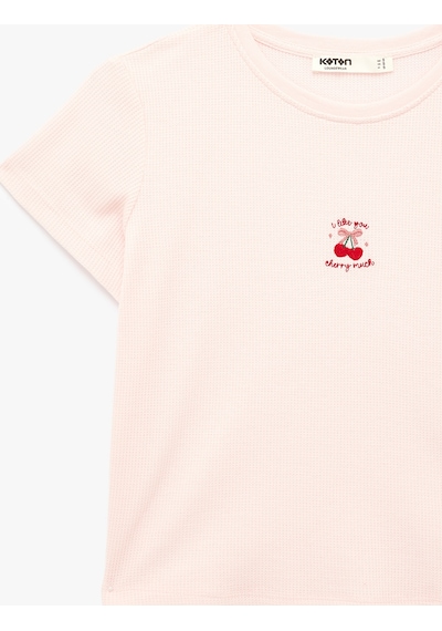 Koton Kısa Kollu Bisiklet Yaka Dokulu Kiraz İşlemeli Pijama Üstü Pembe 6slk40094mk Gül