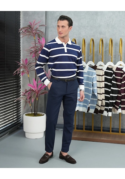 Modefendi Pamuk Likra Slim Fit Örgü Yatay Desen Yaka Şerit Detaylı Polo Yaka Kazak Lacivert Modefendi Pamuk Likra Slim Fit Örgü Yatay Desen Yaka Şerit Detaylı Polo Yaka Kazak Lacivert
