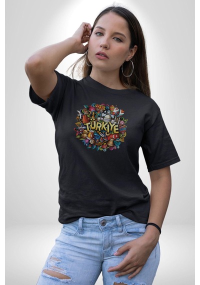 Turkiye Özel Karakterleri Unisex Unisex Siyah Organik Baskılı T-shirt Penye Yüksek Kalite Siyah