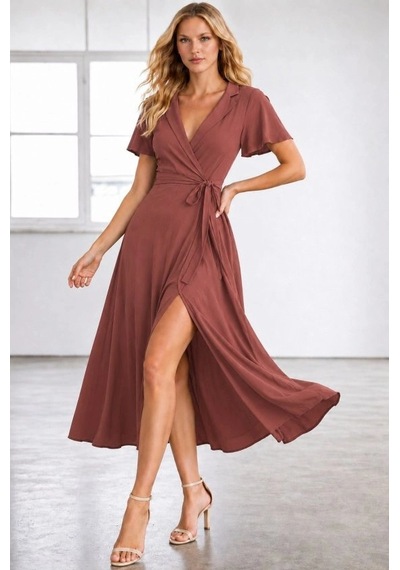 Defymoda Kadın Kısa Kollu Kruvaze Yakalı Belden Kuşaklı Yırtmaçlı Midi Viskon Elbise Turuncu Defymoda Kadın Kısa Kollu Kruvaze Yakalı Belden Kuşaklı Yırtmaçlı Midi Viskon Elbise Turuncu