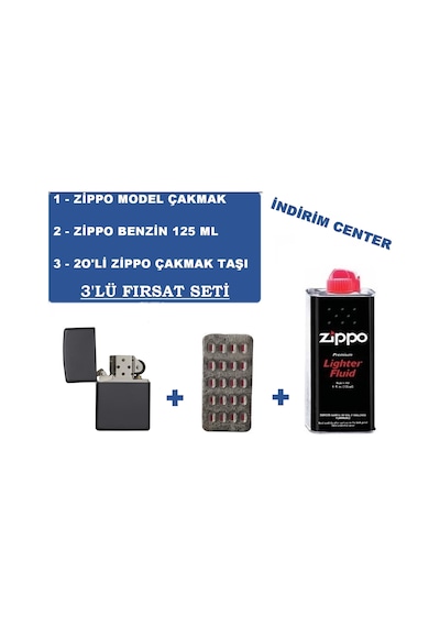 Zippo İthal Siyah Çakmak + Zippo Benzin 125 Ml + 20 Li Zippo Taşı N11.3755
