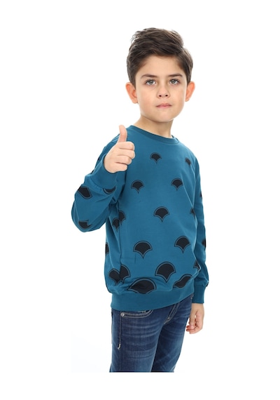 Toontoy Kids Toontoy Erkek Çocuk Relax Fit Bisiklet Yaka Baskılı Sweatshirt - 2 İplik Petrol Mavi