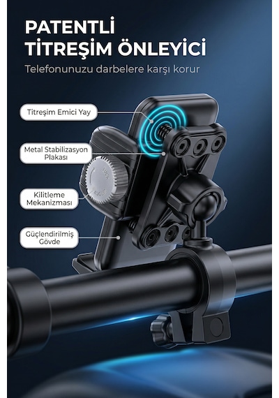 Titreşim Emici Kilit 360 Ayarlanabilir Sistemli Motosiklet Ve Bisiklet Telefon Tutucu Siyah