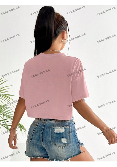 Flood Of Style Crop Ckod-232913 Heykel & Slogan Grafikli Düşük Omuzlu Kısa Pembe