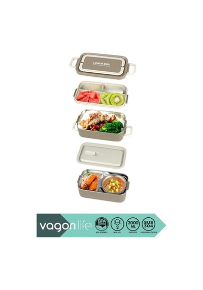 Vagonlife Bento 2000ml Lunchbox 2 Katlı 3 Bölmeli Mini Kaseli Çelik Sefer Tası Yemek Kutusu Kahverengi Genel
