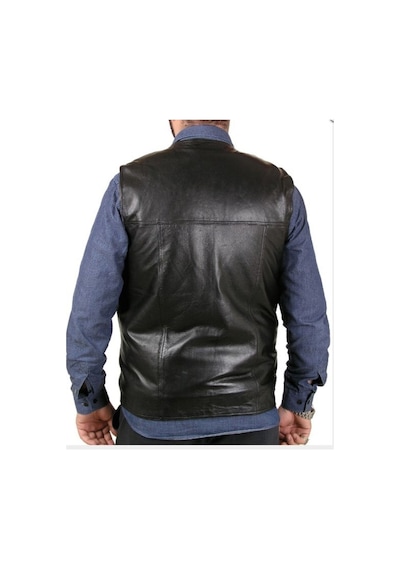 Deriwork Hakiki Deri Siyah Harrington Fermuarlı Erkek Deri Yelek Kahverengi