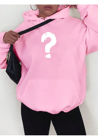 Startmore Pembe Unisex Kadın/erkek Soru Renkli Özel Baskılı Pamuklu Oversize Kapüşonlu
