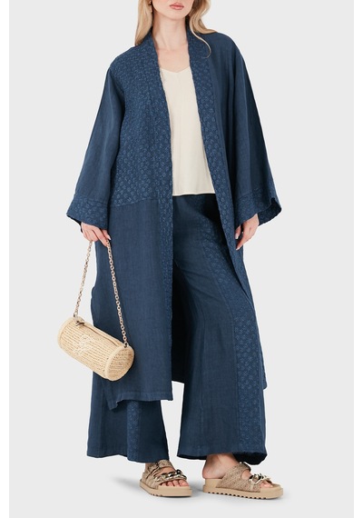 Via Dante % 100 Keten Brode İşlemeli Kimono Bayan Kimono 69912196 İndigo
