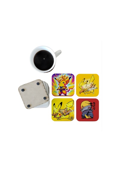 Pikachu Dekoratif Ahşap Bardak Altlığı Seti 077 Çok Renkli