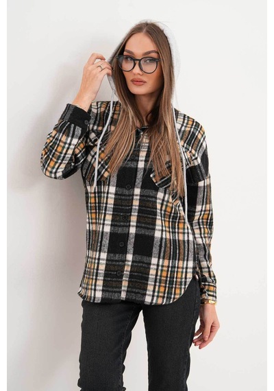 Polologin Butik Kadın Siyah Beyaz Sarı Çizgili Kapşonlu Gömlek Siyah