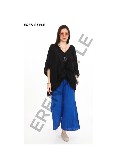Eren Style Bohem Kuruvaze Tek Düğmeli Keten Bluz-9884 Siyah