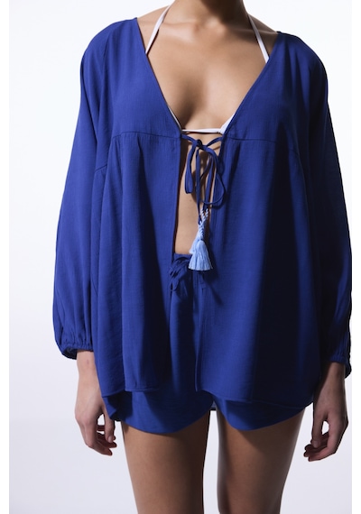 Penti Lacivert Freya Crinckle Kısa Kol V Yaka Midi Kimono