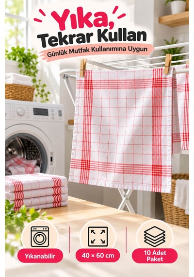 10'lu Mutfak Kurulama Bezi 40x60 Cm Çizgili Kırmızı
