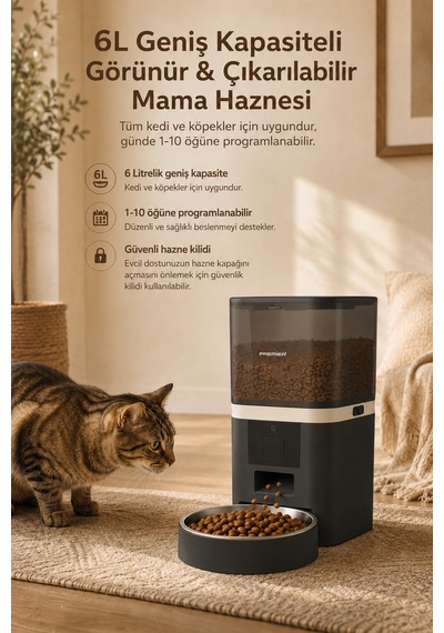 Ppf 1003 - Akıllı Otomatik Mama Kabı 6 Lt Mobil Uygulama İle Yemek Programı Ve Manuel Besleme Petmate Smart - Siyah