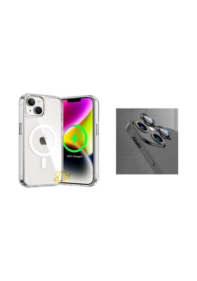 Apple iPhone Uyumlu 14 Plus Kılıf Şeffaf Magsafe Wireless Şarj Destekli Ve Gece Yarısı Kamera Lens Koruma Col89674-siyah
