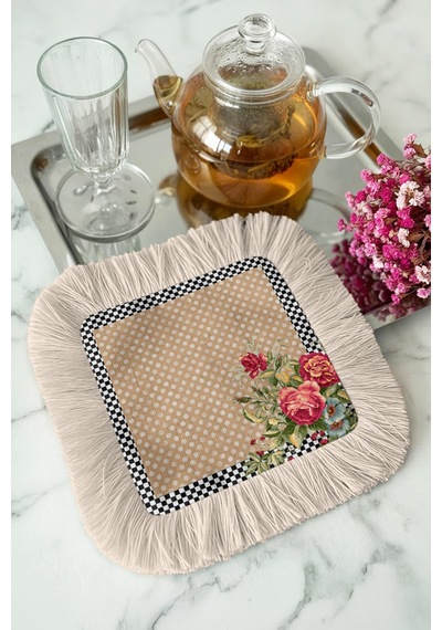 Vintage Çiçekli Saçaklı Sunum Peçetesi - Pastoral Romantik Bohem Bej Pembe Bardak Altlığı Mendil