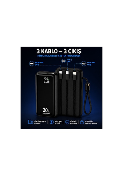 Hepu Hp-ap09 20.000 Mah 22.5w Hızlı Şarj Powerbank Entegre Kablolu Dijital Göstergeli