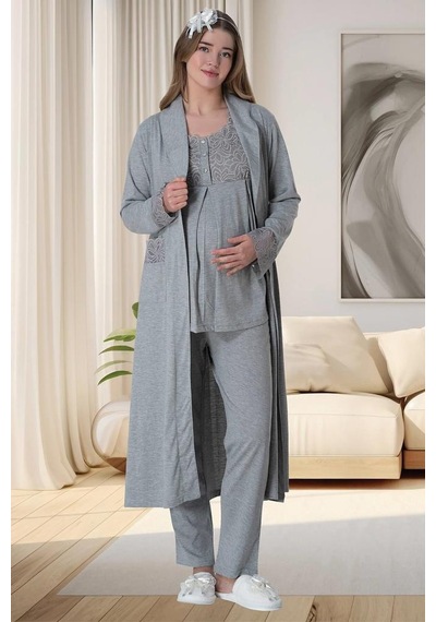 Mecit Pijama Mecit 6003 Bayan Hamile Lohusa Gri Sabahlıklı Pijama Takımı 001