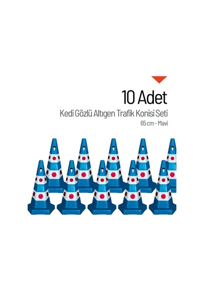 10 Adet Kedi Gözlü Mavi Altıgen Trafik Konisi 65 Cm Trafik Dubası Seti-3538