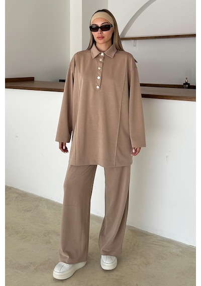 Olcay Gömlek Yaka Premium Örme Kumaş Tunik Pantolon Takım Kamel 9374-tk