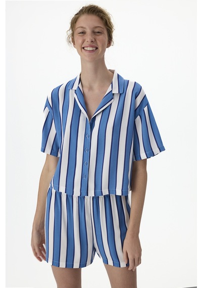 Penti Mavi Vacation Striped Gömlek Şort Pijama Takımı Bl97