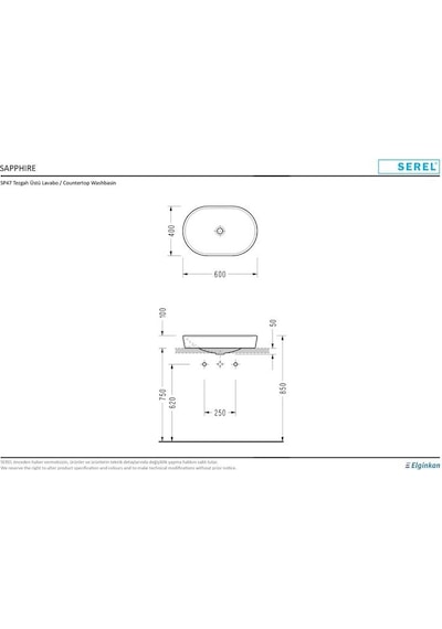 Serel Sapphire Tezgah Üstü Lavabo 40 x 60 CM Sp46D x s110H