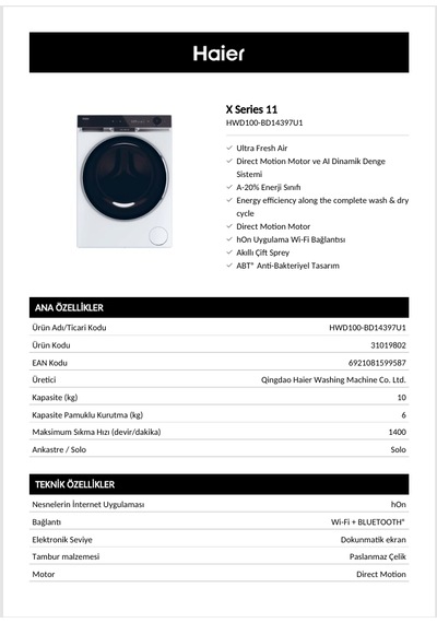 Haier HWD100-BD14397U1 1400 Devir 10 KG + 6 KG Kurutmalı Çamaşır Makinesi
