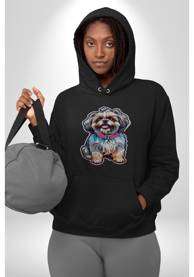Shih Tzu Renkli Köpek Kadın Erkek Siyah Kapüşonlu Sweatshirt Hoodie Siyah