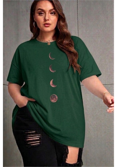 Moon Kadın Büyük Beden Battal Baskılı Bisiklet Yaka Pamuklu T-shirt Rahat Kesim Unisex Sevgili Kombini Yesıl