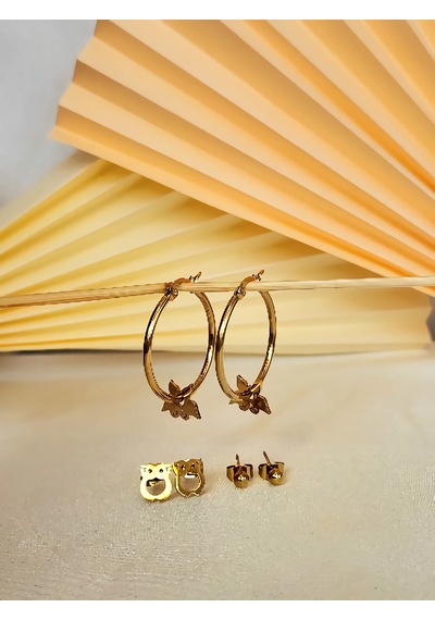 6'lı Baykuş Kelebek Top Halka Altın Kaplama Gold Çelik Küpe Seti