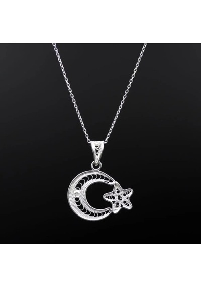 Doğan Silver 925 Ayar Gümüş Telkari El Işi Ay Yıldız Model Kolye