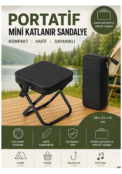 Katlanır Mini Kamp Sandalyesi Hafif El Çantası Boyutunda Portatif Taşınabilir Piknik Taburesi Siyah
