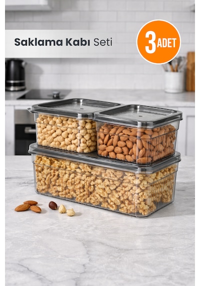 3'lü Saklama Kabı Seti - Buzdolabı Düzenleyici& Piknik Taşıma Kabı Seti 1,80lt X1 - 0,85lt X2 Şeffaf Gri