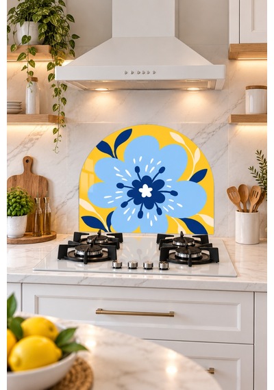 Gökçeoğlu Cam Ocak Arkası Koruyucu Cam Koruyucu Tezgah Ankastre Arkası Oval Şekilli Sarı Mavi Çiçek Temalı 52 X 60 Çok Renkli